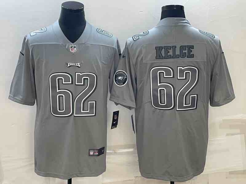 Men's Philadelphia Eagles #62 Jason Kelce Gray Super Bowl LVII Patch Atmosphere Fashion Stitched Jersey