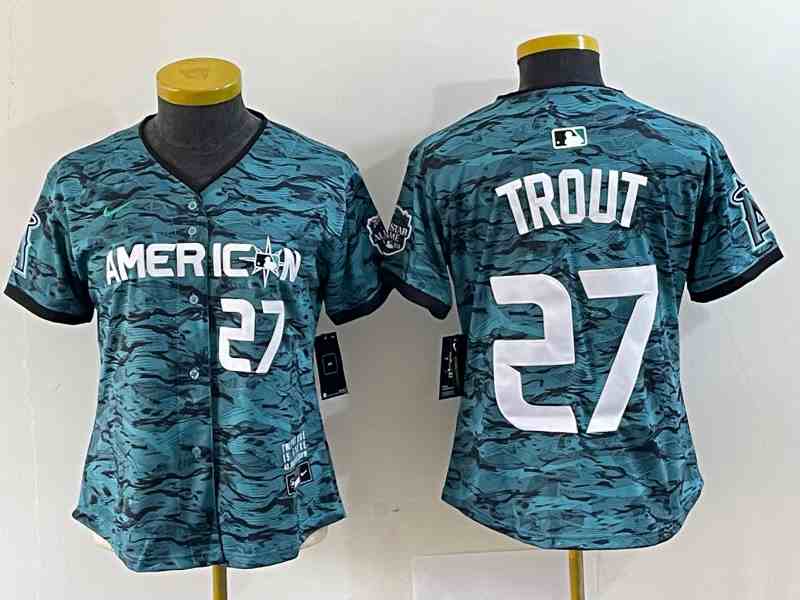 Women's Los Angeles Angels American League 27 Mike Trout Nike Teal 2023 MLB All-Star Game Limited Player Jersey