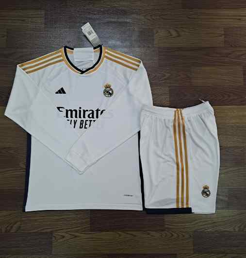Men's Real Madrid 2023-24 Home Custom Long Sleeve Replica Jersey Kit  - White