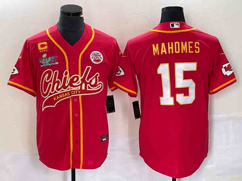 Men's Kansas City Chiefs #15 Patrick Mahomes Red With 4-Star C Patch And Super Bowl LVII Patch Cool Bae Stitched Jersey