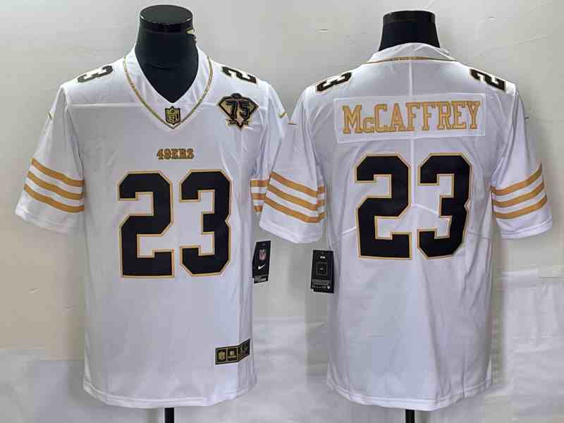 Men's San Francisco 49ers #23 Christian McCaffrey White Gold With 75th Patch Stitched Jersey