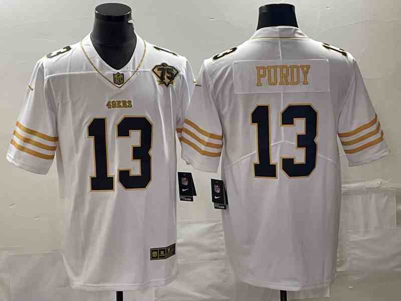 Men's San Francisco 49ers #13 Brock Purdy White Gold With 75th Patch Stitched Jersey