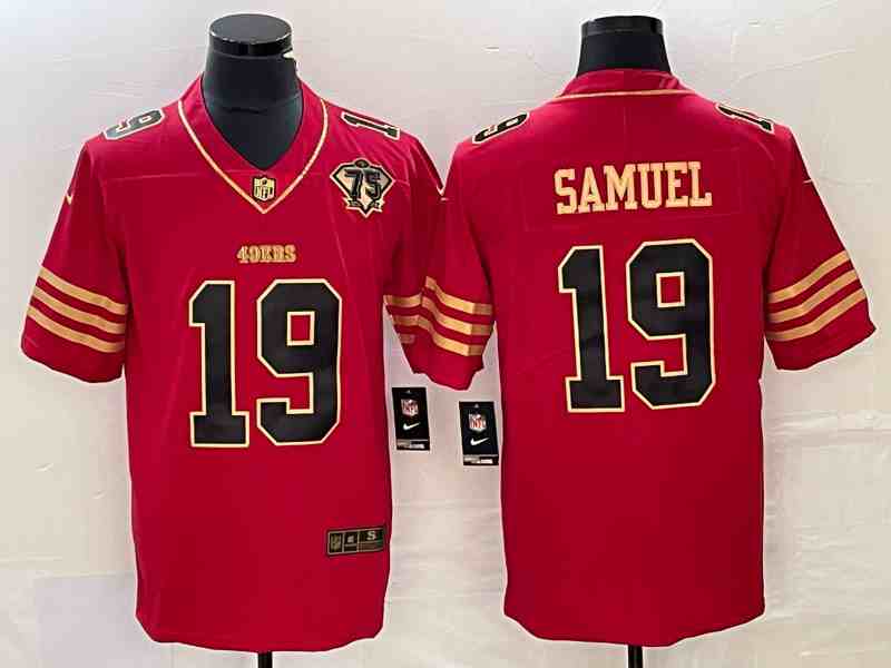 Men's San Francisco 49ers #19 Deebo Samuel Red Gold 75 Anniversary Patch Limited Stitched Football Jersey
