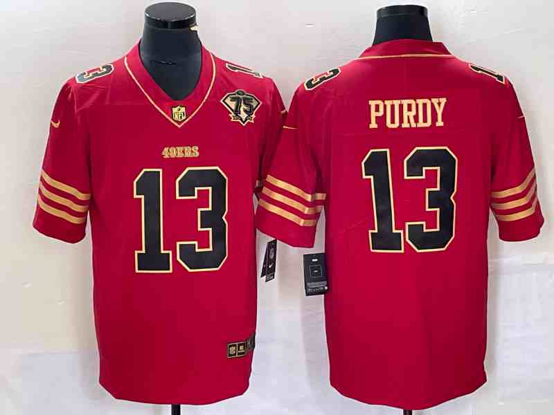 Men's San Francisco 49ers #13 Brock Purdy Red Gold 75 Anniversary Patch Limited Stitched Football Jersey