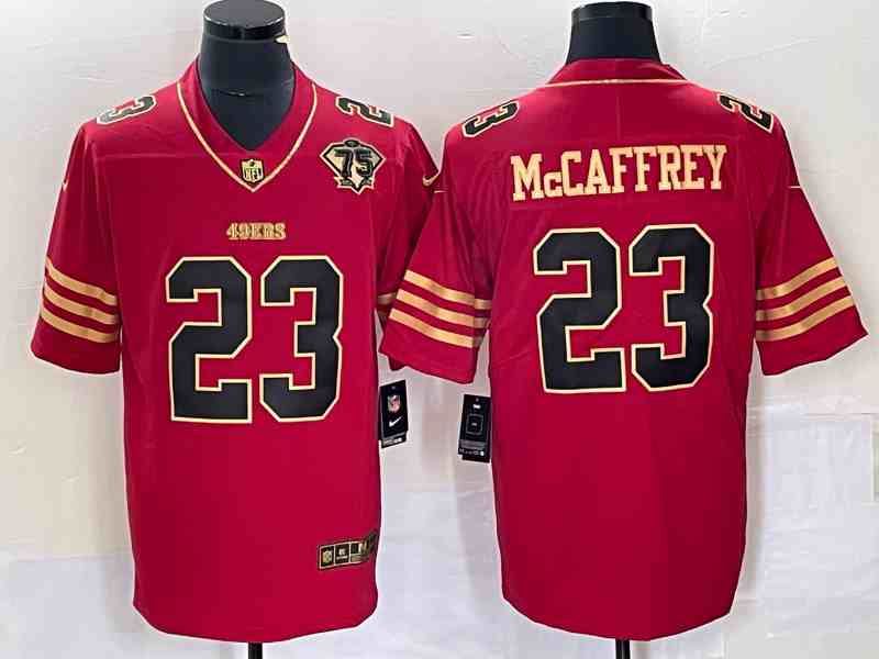 Men's San Francisco 49ers #23 Christian McCaffrey Red Gold 75 Anniversary Patch Limited Stitched Football Jersey