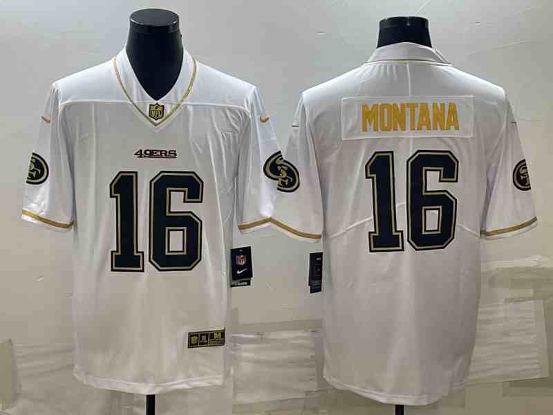 Men's San Francisco 49ers #16 Joe Montana White Gold Stitched Jersey