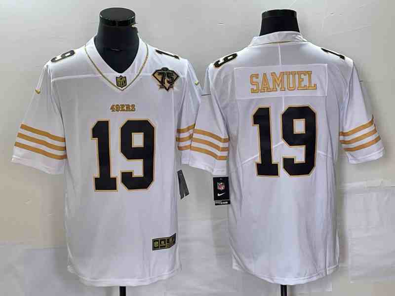 Men's San Francisco 49ers #19 Deebo Samuel White Gold With 75th Patch Stitched Jersey