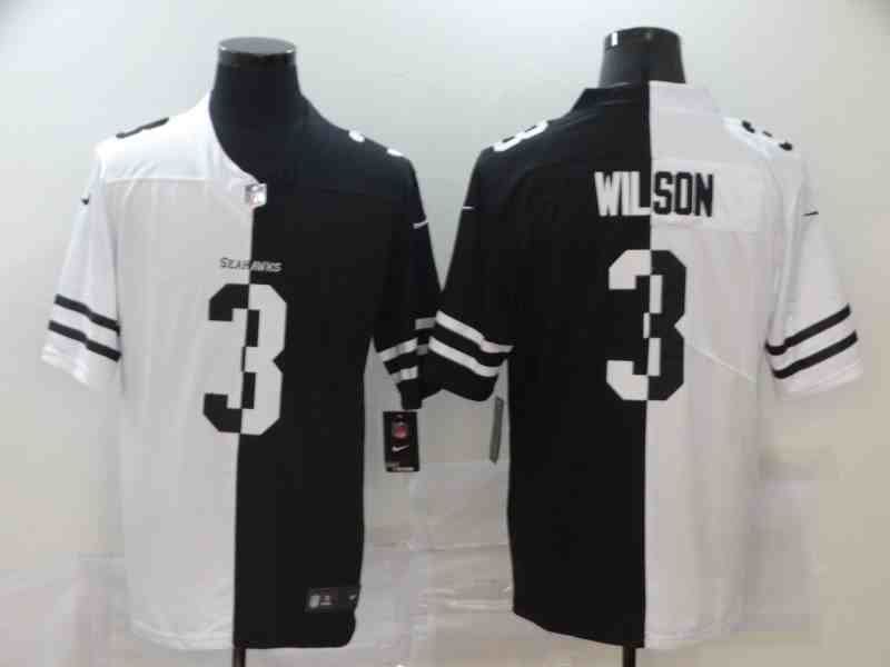 Men's Seattle Seahawks #3 Russell Wilson Black White Split Stitched Jersey