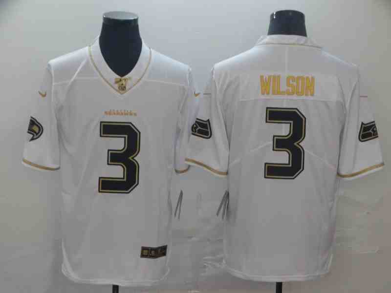 Men's Seattle Seahawks #3 Russell Wilson White Season Golden Edition Limited Stitched NFL Jersey