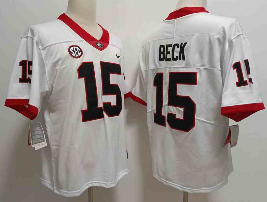 Men’s Georgia Bulldogs #15 Carson Beck white  new font Game College Football Jersey