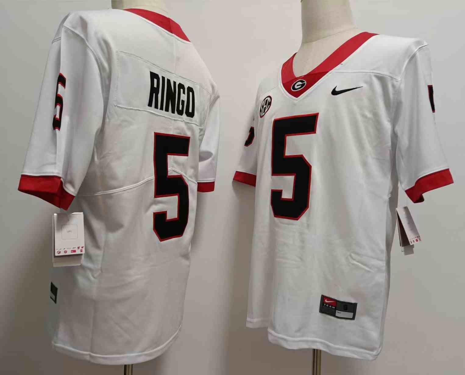 Men’s Georgia Bulldogs #5 Kelee Ringo  white  new font Game College Football Jersey