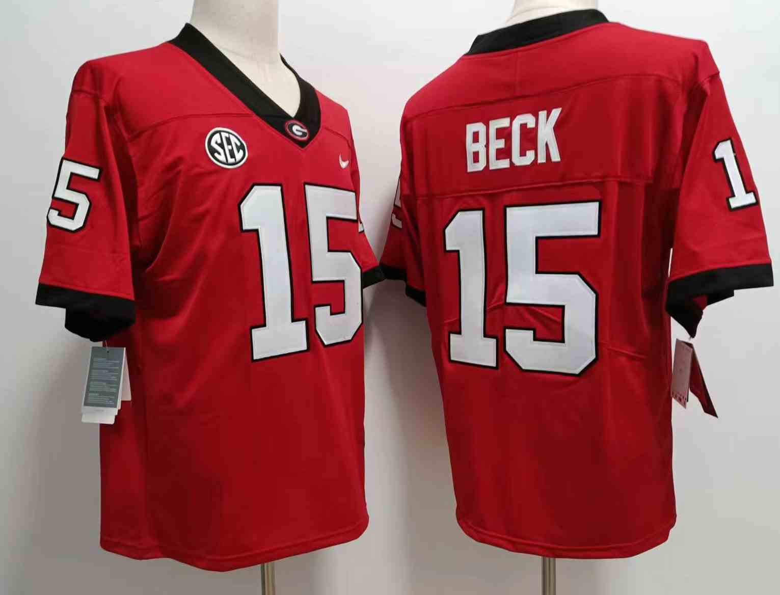 Men’s Georgia Bulldogs #15 Carson Beck red  new font Game College Football Jersey