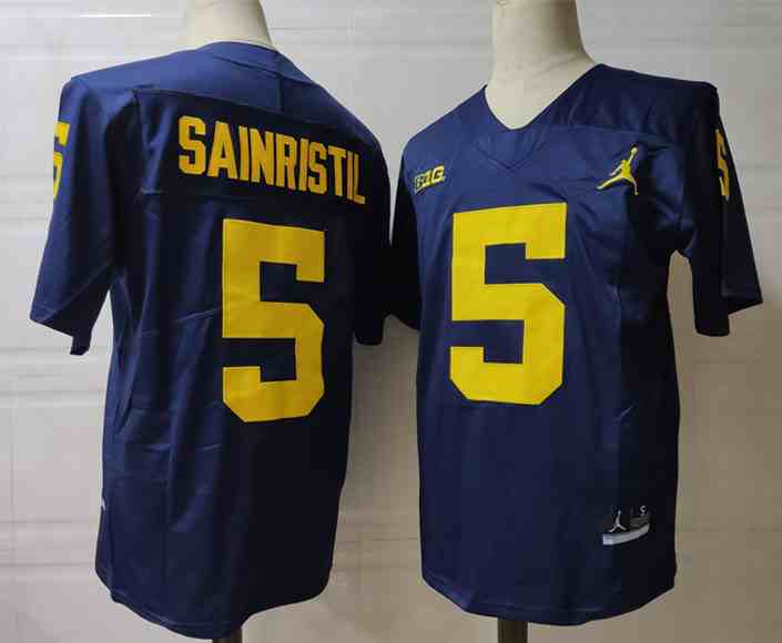 Men's Michigan Wolverines #5 Sainristil Blue Stitched Jersey