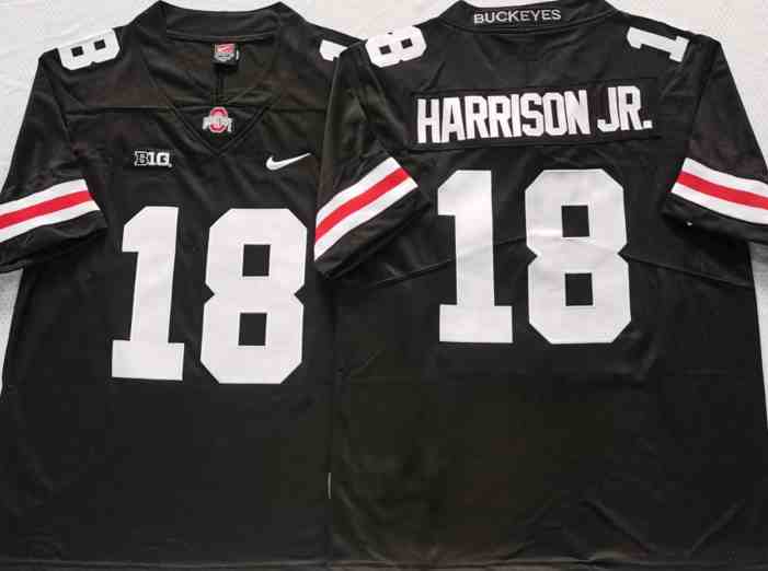 Mens NCAA Ohio State Buckeyes 18 HARRISON JR Black White letter College Football Jersey