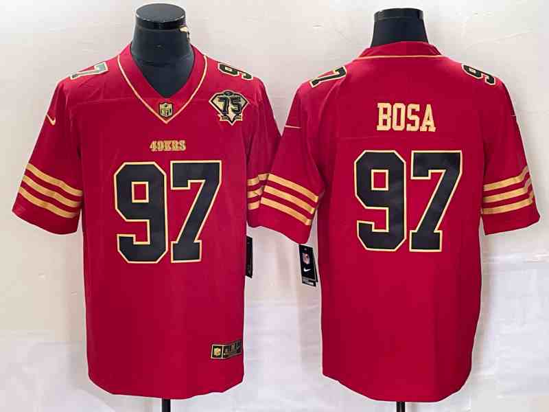 Men's San Francisco 49ers ##97 Nike Bosa Red Gold 75 Anniversary Patch Limited Stitched Football Jersey