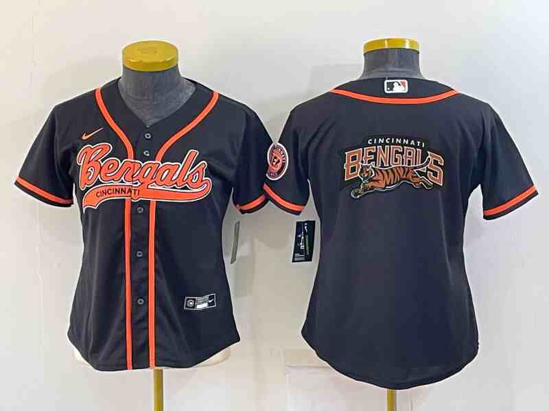 Youth Cincinnati Bengals Black Team Big Logo With Patch Cool Base Stitched Baseball Jersey