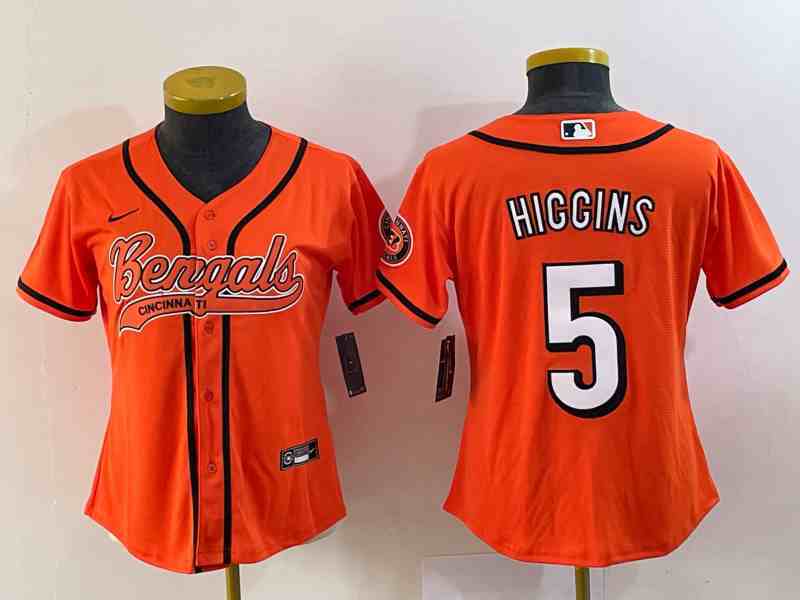 Youth Cincinnati Bengals #5 Tee Higgins Orange With Patch Cool Base Stitched Baseball Jersey