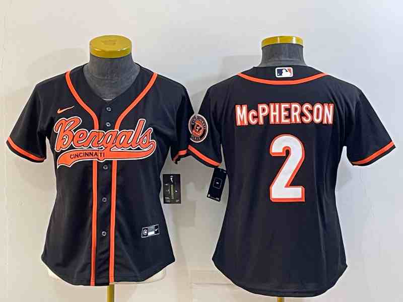 Youth Cincinnati Bengals #2 Evan McPherson Black With Patch Cool Base Stitched Baseball Jersey
