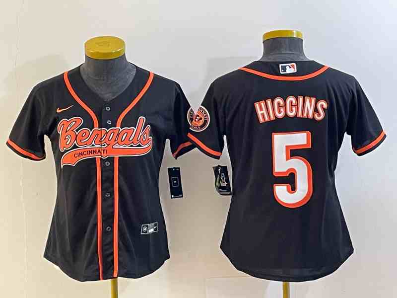 Youth Cincinnati Bengals #5 Tee Higgins Black With Patch Cool Base Stitched Baseball Jersey