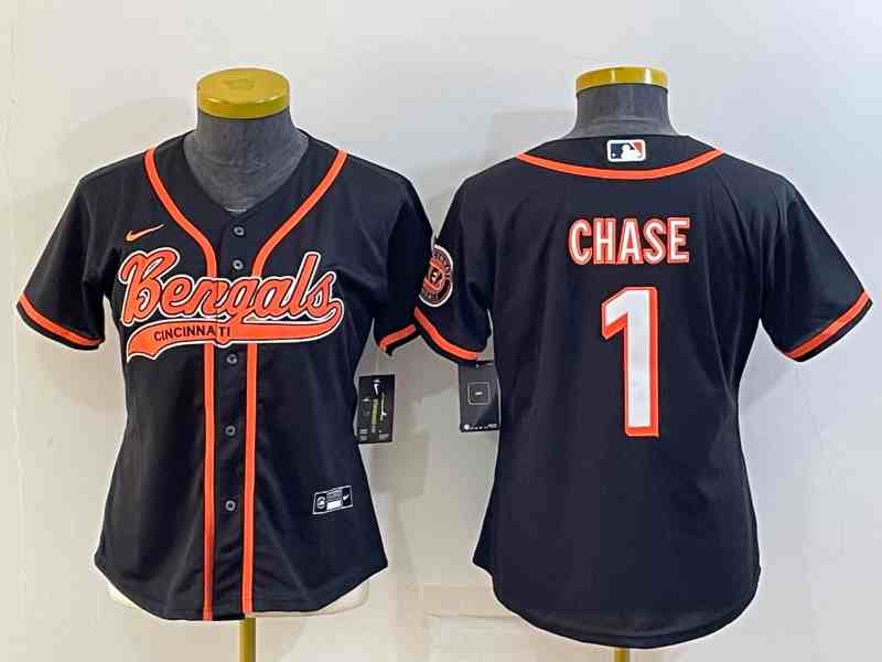 Youth Cincinnati Bengals #1 Ja'Marr Chase Black With Patch Cool Base Stitched Baseball Jersey