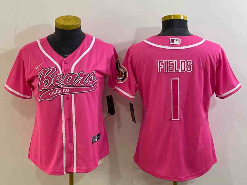 Women's Chicago Bears #1 Justin Fields Pink With Patch Cool Base Stitched Baseball Jersey