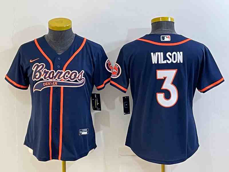 Youth Denver Broncos #3 Russell Wilson Navy With Patch Cool Base Stitched Baseball Jersey