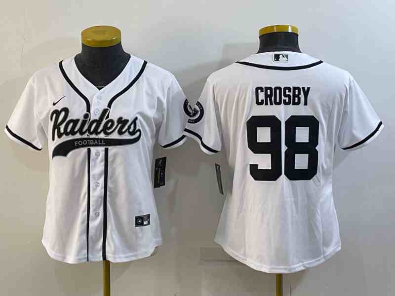 Youth Las Vegas Raiders #98 Maxx Crosby White With Patch Cool Base Stitched Baseball Jersey