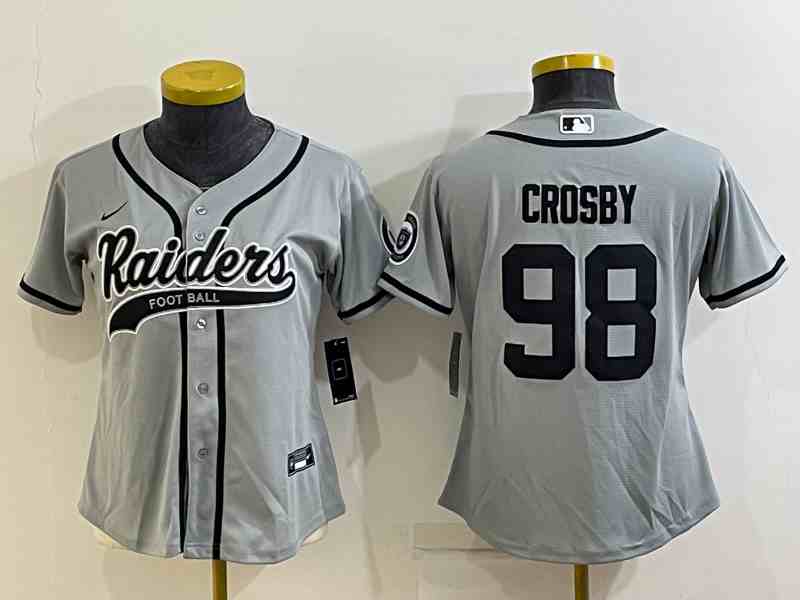 Youth Oakland Raiders #98 Maxx Crosby Grey With Patch Cool Base Stitched Baseball Jersey