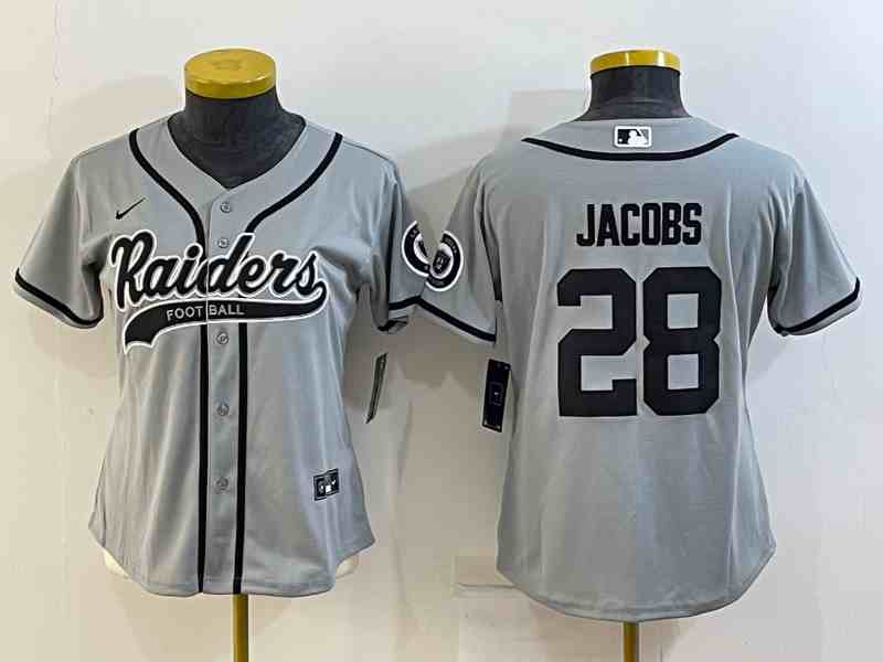 Women's Las Vegas Raiders #28 Josh Jacobs Gray With Patch Cool Base Stitched Baseball Jersey
