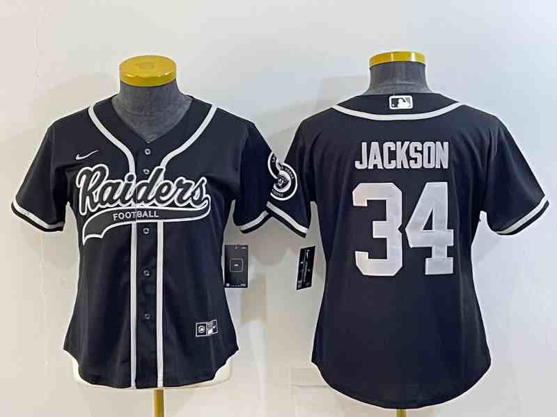 Women's Las Vegas Raiders #34 Bo Jackson Black With Patch Cool Base Stitched Baseball Jersey (2)