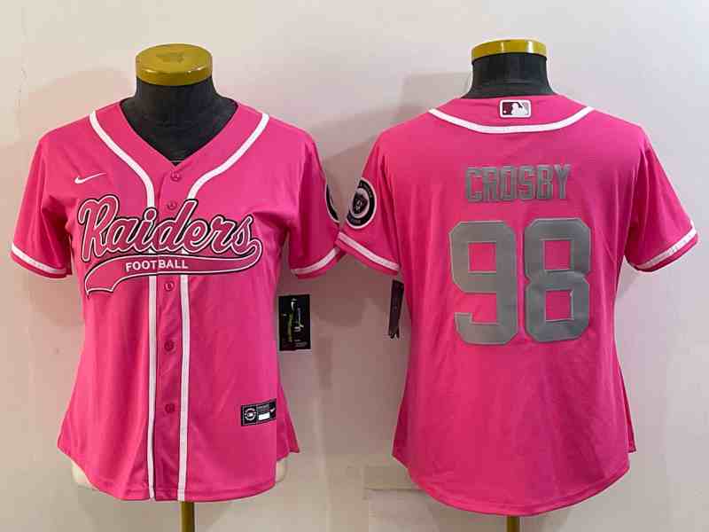Women's Las Vegas Raiders #98 Maxx Crosby Pink Silver With Patch Cool Base Stitched Baseball Jersey