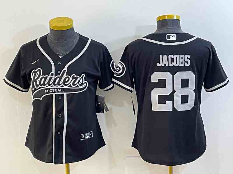 Women's Las Vegas Raiders #28 Josh Jacobs Black With Patch Cool Base Stitched Baseball Jersey (2)