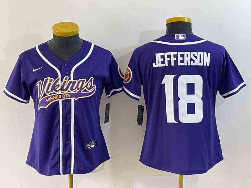 Youth Minnesota Vikings #18 Justin Jefferson Purple With Patch Cool Base Stitched Baseball Jersey
