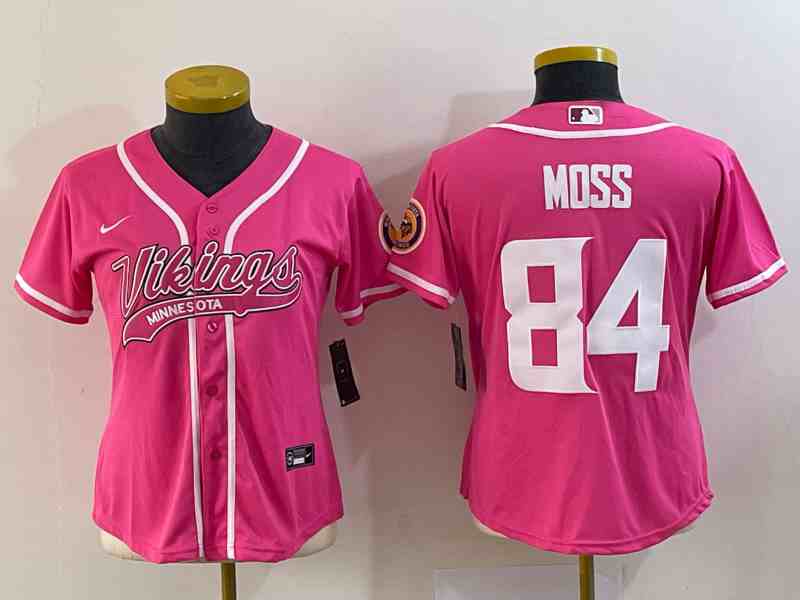 Women's Minnesota Vikings #84 Randy Moss Pink With Patch Cool Base Stitched Baseball Jersey