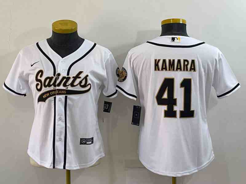 Youth New Orleans Saints #41 Alvin Kamara White With Patch Cool Base Stitched Baseball Jersey