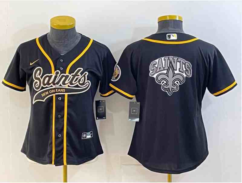 Youth New Orleans Saints Black Team Big Logo With Patch Cool Base Stitched Baseball Jersey