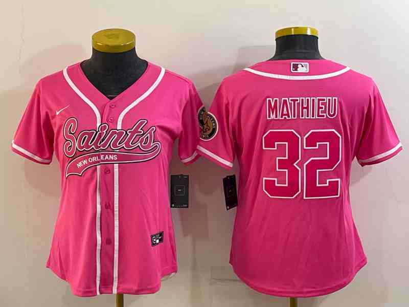 Women's New Orleans Saints #32 Tyrann Mathieu Pink With Patch Cool Base Stitched Baseball Jersey
