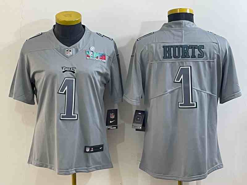 Women's Philadelphia Eagles #1 Jalen Hurts Gray Super Bowl LVII Patch Atmosphere Fashion Stitched Jersey