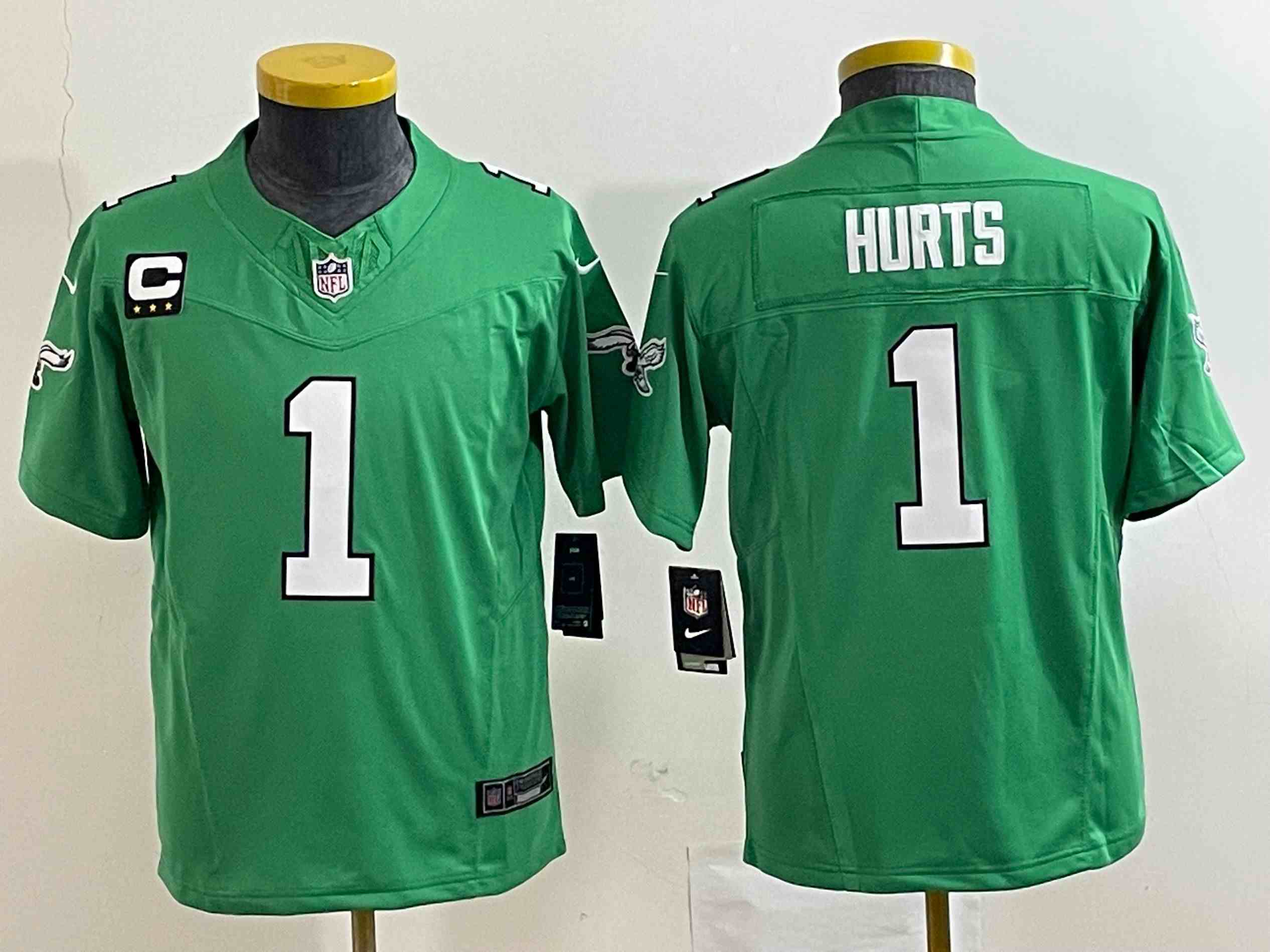 Youth Philadelphia Eagles #1 Jalen Hurts Green  2023 F.U.S.E. With C Patch Stitched Football Jersey