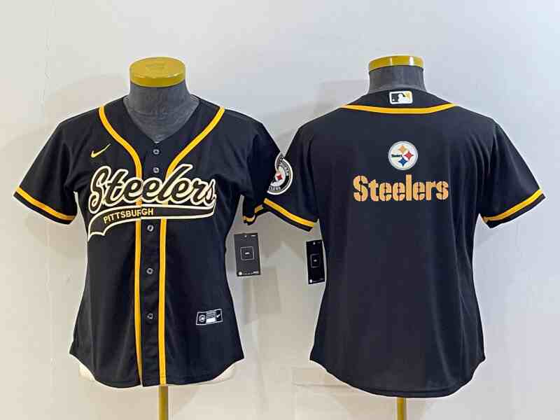 Youth  Pittsburgh Steelers Black Team Big Logo With Patch Cool Base Stitched Baseball Jersey