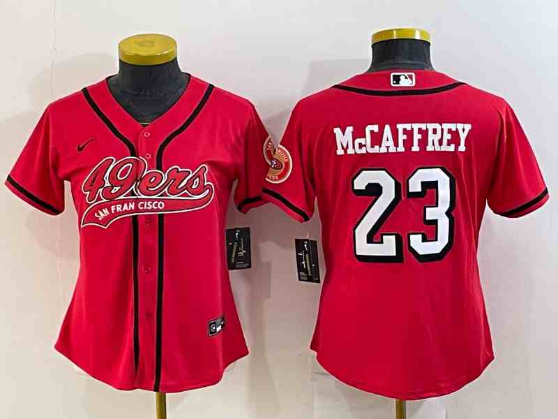 Women's San Francisco 49ers #23 Christian McCaffrey New Red With Patch Cool Base Stitched Baseball Jersey (2)