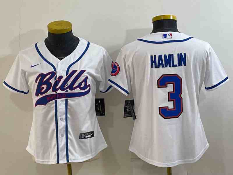 Youth  Buffalo Bills #3 Damar Hamlin White With Patch Cool Base Stitched Baseball Jersey