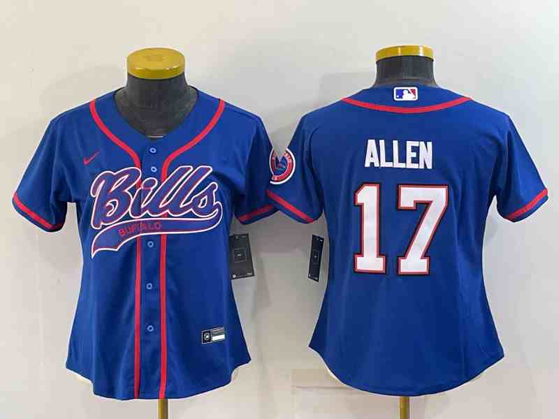 Youth  Buffalo Bills #17 Josh Allen Royal With Patch Cool Base Stitched Baseball Jersey