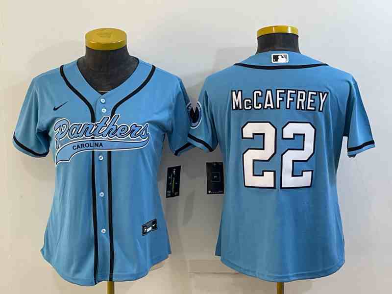 Women's Carolina Panthers #22 Christian McCaffrey Blue With Patch Cool Base Stitched Baseball Jersey