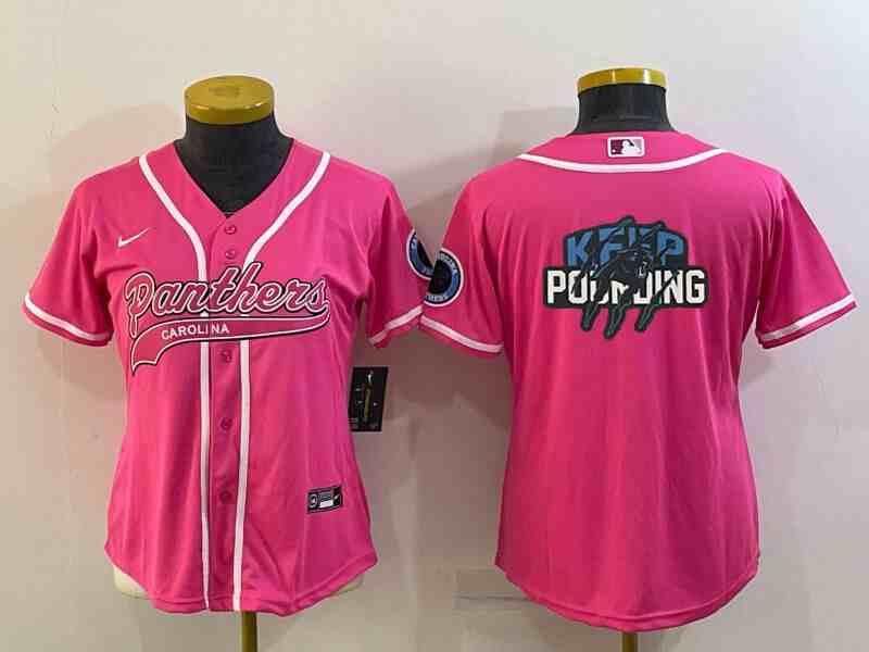 Women's Carolina Panthers Pink Team Big Logo With Patch Cool Base Stitched Baseball Jersey