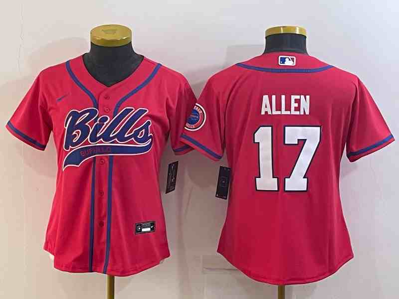 Women's Buffalo Bills #17 Josh Allen Red With Patch Cool Base Stitched Baseball Jersey