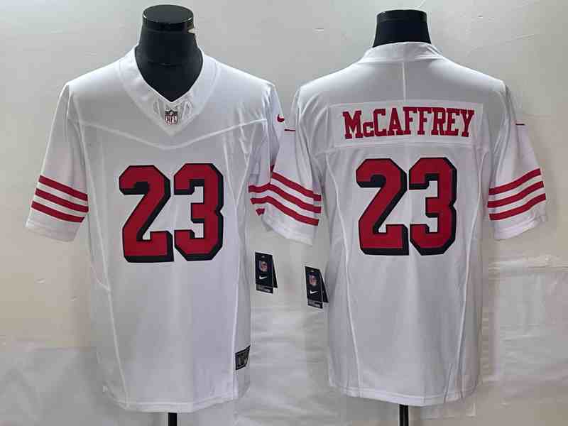 Men's San Francisco 49ers #23 Christian McCaffrey White 2023 F.U.S.E. Vapor Untouchable Limited Stitched Football Jersey(PNG)