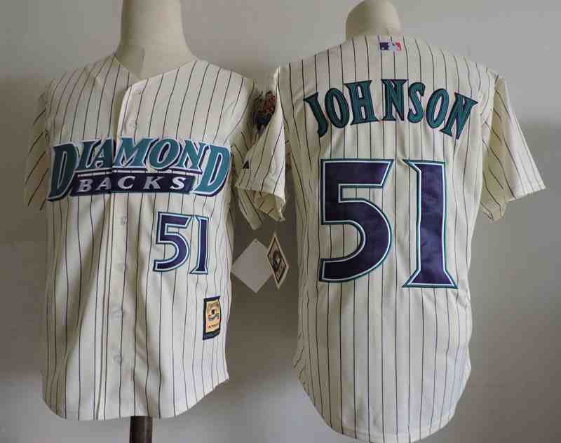Men's Arizona Diamondbacks #51 Randy Johnson Cream Strip Throwback Stitched MLB Jersey (2)