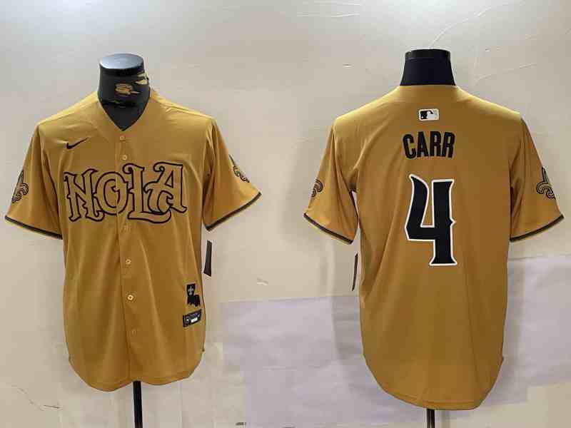 Men's New Orleans Saints #4 Derek Carr Gold Cool Base Stitched Baseball Jersey