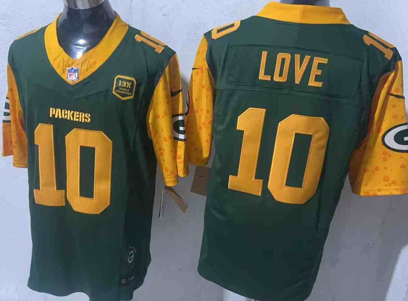 Men's Green Bay Packers #10 Jordan Love Cheese Green 2024 F.U.S.E. 13 Time World Champions And Home Patch Vapor Untouchable Limited Stitched Football Jersey